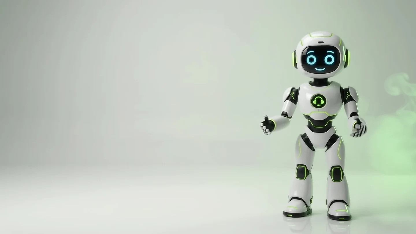 Friendly white AptoNexus robot gesturing in a soft sage environment