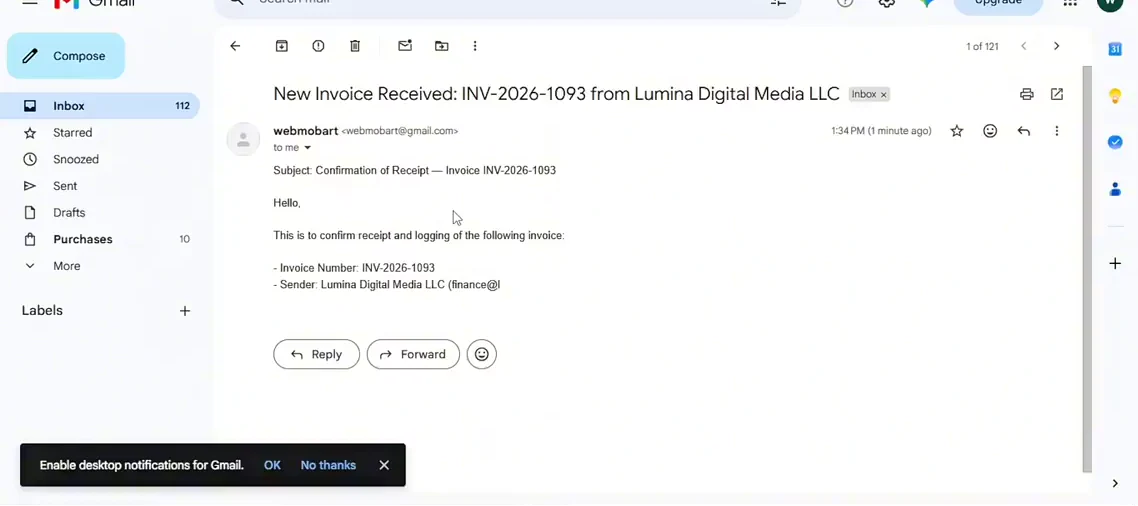 Invoice receipt confirmation displayed in Gmail.