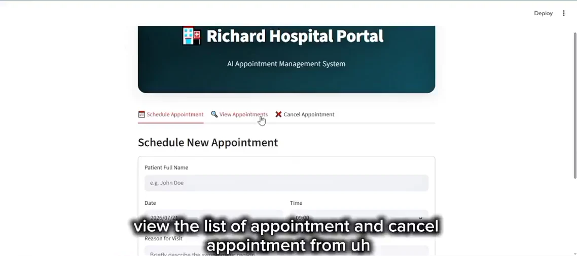 Appointment portal with scheduling, viewing, and cancellation tabs.